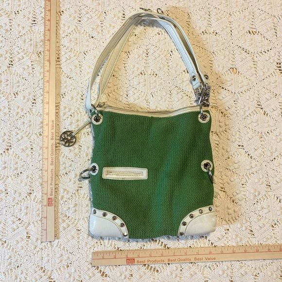 The Sak - Fossil - Bright Kelly Green Shoulder Bag Hot Pink Lining Y2K Studded - Picture 10 of 10